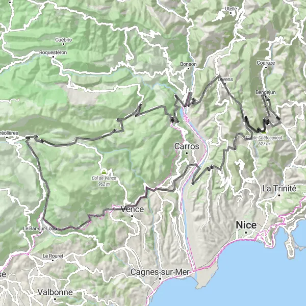 Kartminiatyr av "Vägcykling i bergen" cykelinspiration i Provence-Alpes-Côte d’Azur, France. Genererad av Tarmacs.app cykelruttplanerare