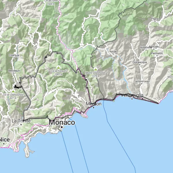 Miniature de la carte de l'inspiration cycliste "Tour du Col de Braus" dans la Provence-Alpes-Côte d’Azur, France. Générée par le planificateur d'itinéraire cycliste Tarmacs.app