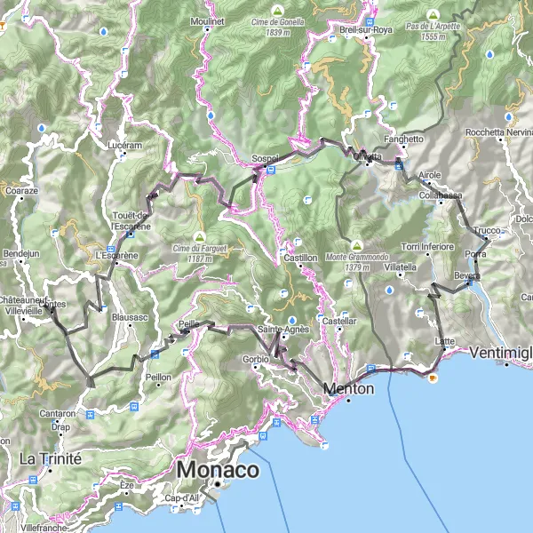 Mapa miniatúra "Road Cycling Tour around Sospel and Airole" cyklistická inšpirácia v Provence-Alpes-Côte d’Azur, France. Vygenerované cyklistickým plánovačom trás Tarmacs.app