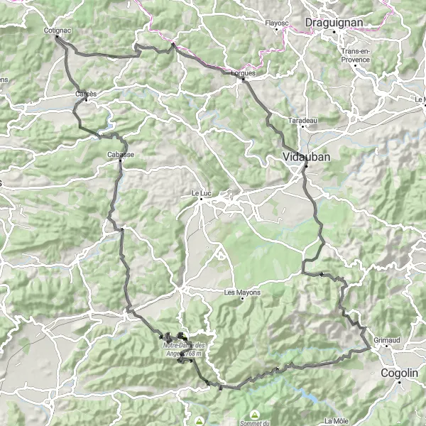 Karttaminiaatyyri "Haastava pyöräilyreitti Cotignacista" pyöräilyinspiraatiosta alueella Provence-Alpes-Côte d’Azur, France. Luotu Tarmacs.app pyöräilyreittisuunnittelijalla