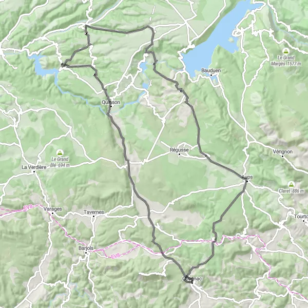 Miniaturní mapa "Road Route to Quinson and Sillans-la-Cascade" inspirace pro cyklisty v oblasti Provence-Alpes-Côte d’Azur, France. Vytvořeno pomocí plánovače tras Tarmacs.app