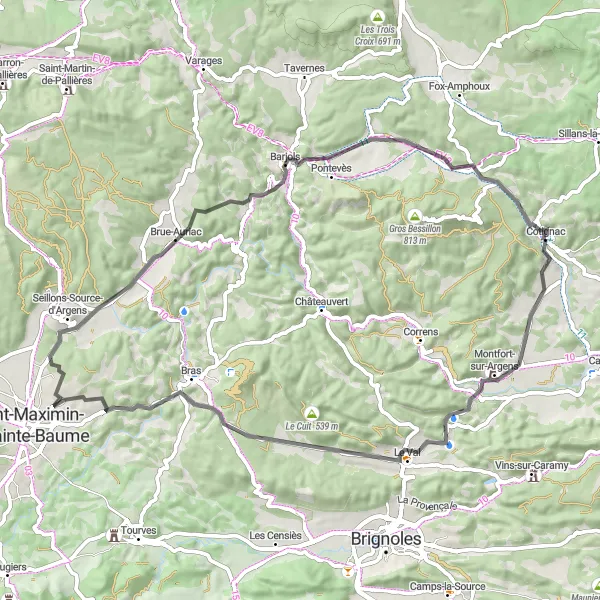 Karten-Miniaturansicht der Radinspiration "Tour von Montfort-sur-Argens nach Cotignac" in Provence-Alpes-Côte d’Azur, France. Erstellt vom Tarmacs.app-Routenplaner für Radtouren