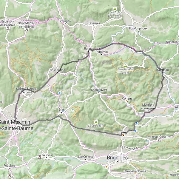 Map miniature of "Road Loop to Saint-Maximin-la-Sainte-Baume" cycling inspiration in Provence-Alpes-Côte d’Azur, France. Generated by Tarmacs.app cycling route planner