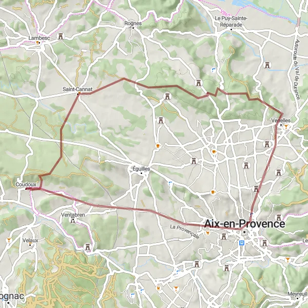 Karttaminiaatyyri "Kaupunkien ja kylien kontrastit Provencessa" pyöräilyinspiraatiosta alueella Provence-Alpes-Côte d’Azur, France. Luotu Tarmacs.app pyöräilyreittisuunnittelijalla