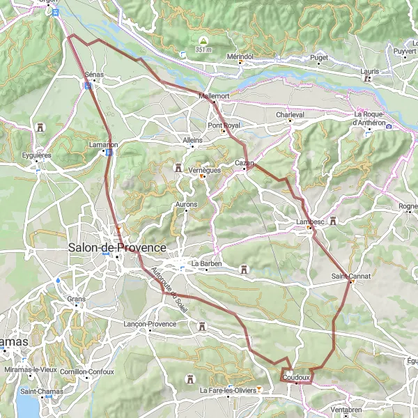 Map miniature of "The Magnificent Loop: Exploring the Provence Countryside" cycling inspiration in Provence-Alpes-Côte d’Azur, France. Generated by Tarmacs.app cycling route planner