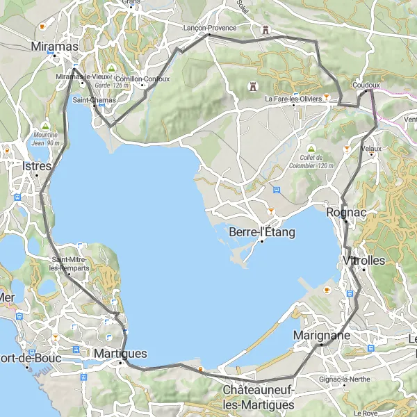 Miniaturní mapa "Okružní cesta přes Vitrolles, Martigues a Saint-Chamas" inspirace pro cyklisty v oblasti Provence-Alpes-Côte d’Azur, France. Vytvořeno pomocí plánovače tras Tarmacs.app