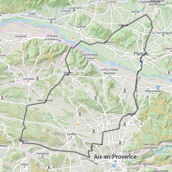 Mapa miniatúra "Krátky okruh cez Saint-Cannat a Pertuis" cyklistická inšpirácia v Provence-Alpes-Côte d’Azur, France. Vygenerované cyklistickým plánovačom trás Tarmacs.app