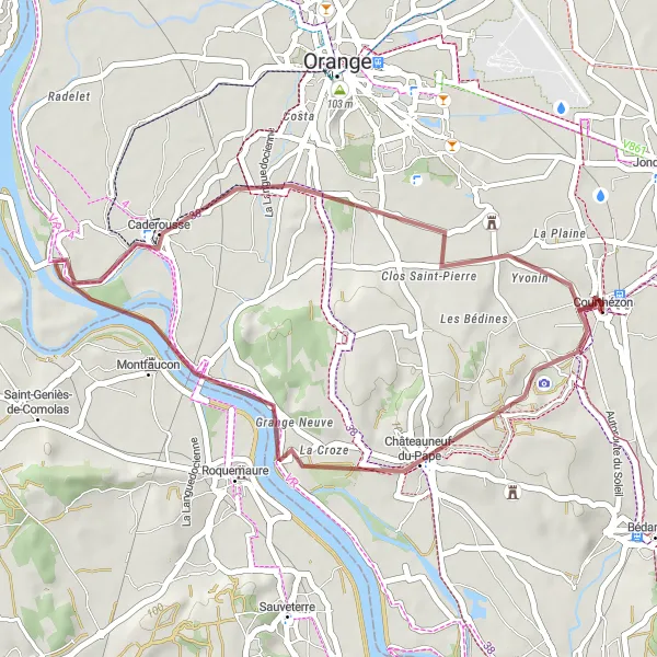 Miniaturní mapa "Gravelová cesta k Château de Beaucastel" inspirace pro cyklisty v oblasti Provence-Alpes-Côte d’Azur, France. Vytvořeno pomocí plánovače tras Tarmacs.app