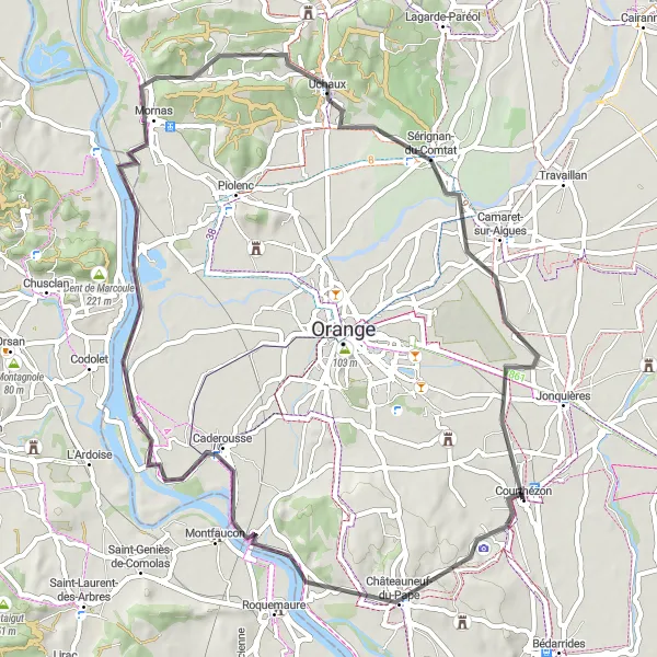 Miniatua del mapa de inspiración ciclista "Ruta de Ciclismo de Carretera Courthézon" en Provence-Alpes-Côte d’Azur, France. Generado por Tarmacs.app planificador de rutas ciclistas