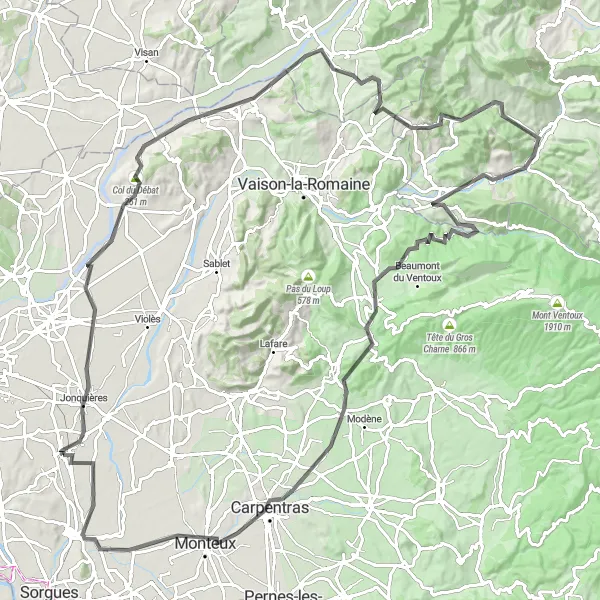 Miniatuurkaart van de fietsinspiratie "Lange weg naar Bédarrides" in Provence-Alpes-Côte d’Azur, France. Gemaakt door de Tarmacs.app fietsrouteplanner