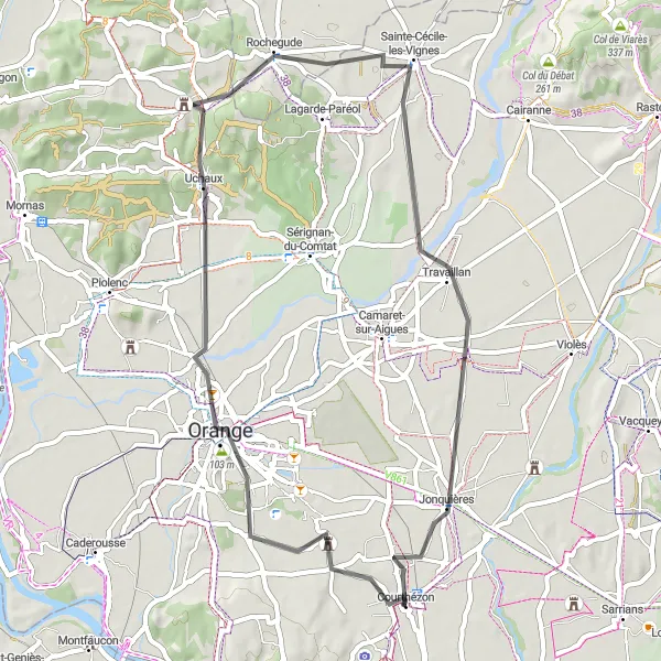Kartminiatyr av "Vägcykling till Travaillan och Jonquières" cykelinspiration i Provence-Alpes-Côte d’Azur, France. Genererad av Tarmacs.app cykelruttplanerare