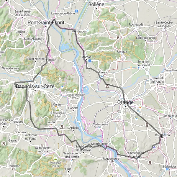 Map miniature of "Courthézon Road Circuit" cycling inspiration in Provence-Alpes-Côte d’Azur, France. Generated by Tarmacs.app cycling route planner