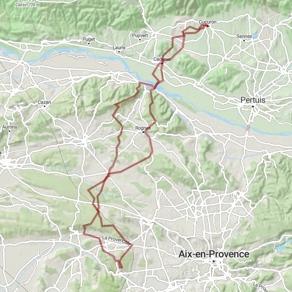 Map miniature of "Challenging Gravel Route from Cucuron to Rognes" cycling inspiration in Provence-Alpes-Côte d’Azur, France. Generated by Tarmacs.app cycling route planner
