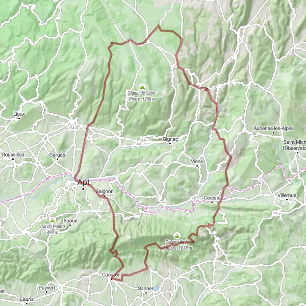 Zemljevid v pomanjšavi "Kolesarska pot preko Simiane-la-Rotonde" kolesarske inspiracije v Provence-Alpes-Côte d’Azur, France. Generirano z načrtovalcem kolesarskih poti Tarmacs.app