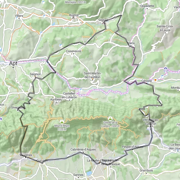 Zemljevid v pomanjšavi "Cesta skozi slikovite vasice in prostrane pokrajine" kolesarske inspiracije v Provence-Alpes-Côte d’Azur, France. Generirano z načrtovalcem kolesarskih poti Tarmacs.app