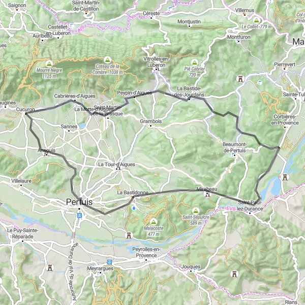 Zemljevid v pomanjšavi "Road Cycling Tour do Château de Mirabeau" kolesarske inspiracije v Provence-Alpes-Côte d’Azur, France. Generirano z načrtovalcem kolesarskih poti Tarmacs.app