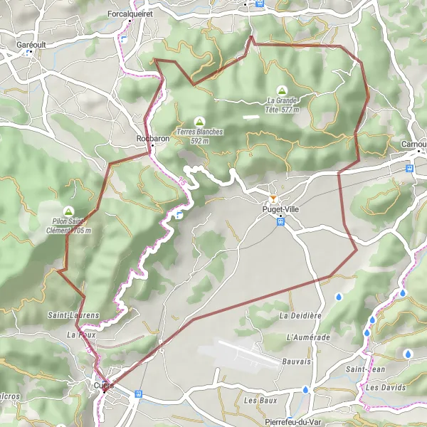 Karten-Miniaturansicht der Radinspiration "Gravel-Radtour um Cuers" in Provence-Alpes-Côte d’Azur, France. Erstellt vom Tarmacs.app-Routenplaner für Radtouren