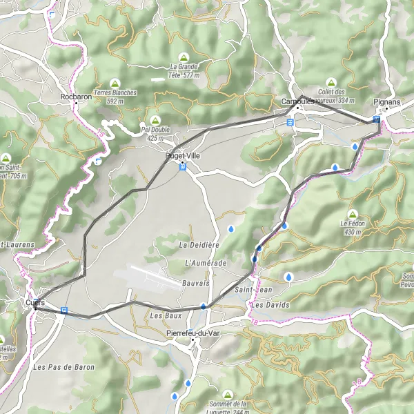 Mapa miniatúra "Okruh cyklistických trás okolo Cuers" cyklistická inšpirácia v Provence-Alpes-Côte d’Azur, France. Vygenerované cyklistickým plánovačom trás Tarmacs.app