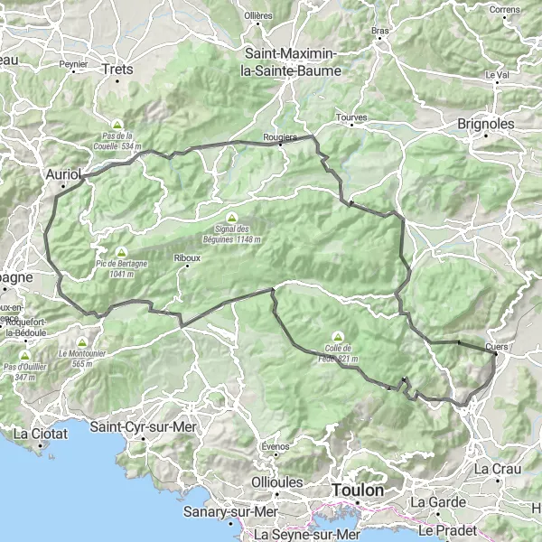 Miniaturní mapa "Panoramatický okruh okolo Cuers" inspirace pro cyklisty v oblasti Provence-Alpes-Côte d’Azur, France. Vytvořeno pomocí plánovače tras Tarmacs.app