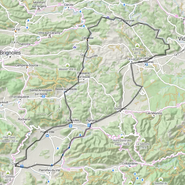 Mapa miniatúra "Výlet na bicykli okolo Cuers" cyklistická inšpirácia v Provence-Alpes-Côte d’Azur, France. Vygenerované cyklistickým plánovačom trás Tarmacs.app