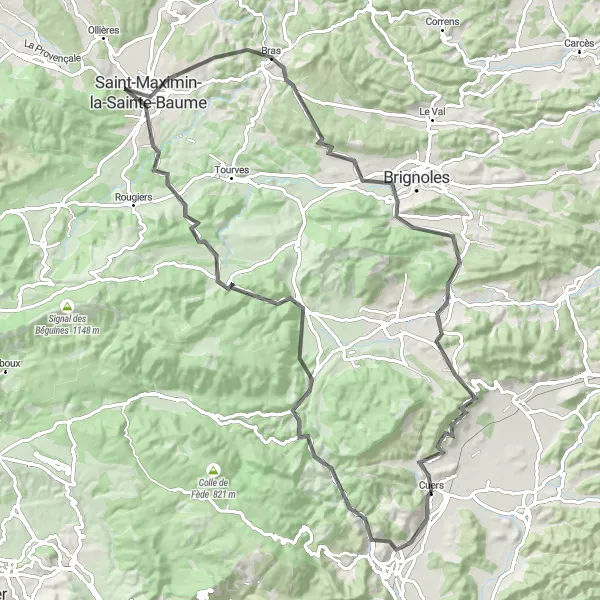 Miniatua del mapa de inspiración ciclista "Aventura en Belgentier y Saint-Maximin-la-Sainte-Baume" en Provence-Alpes-Côte d’Azur, France. Generado por Tarmacs.app planificador de rutas ciclistas