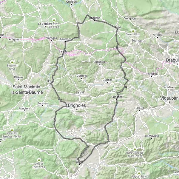 Mapa miniatúra "Trasa od Cuers: Rocbaron - Rocbaron" cyklistická inšpirácia v Provence-Alpes-Côte d’Azur, France. Vygenerované cyklistickým plánovačom trás Tarmacs.app