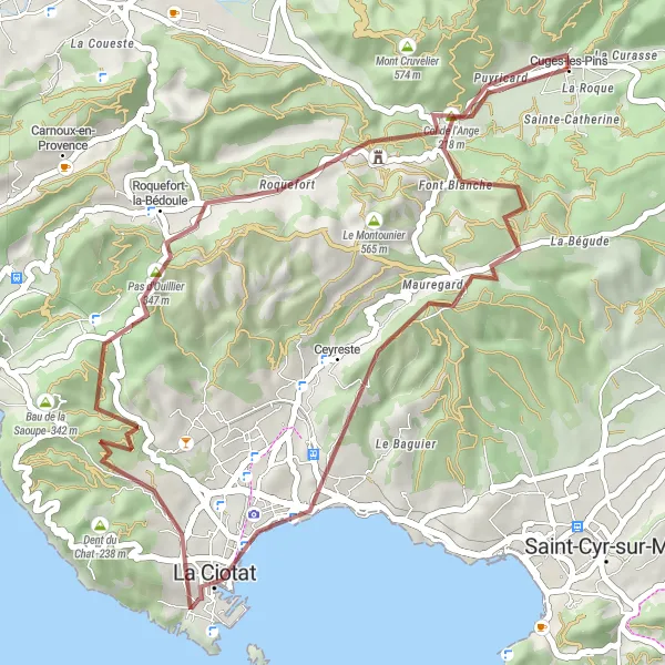 Miniaturekort af cykelinspirationen "Grusvej cykelrute til Ceyreste og La Ciotat" i Provence-Alpes-Côte d’Azur, France. Genereret af Tarmacs.app cykelruteplanlægger