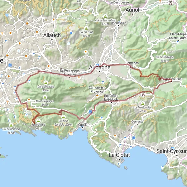 Map miniature of "Gravel Adventure: Discover the Nature near Cuges-les-Pins" cycling inspiration in Provence-Alpes-Côte d’Azur, France. Generated by Tarmacs.app cycling route planner