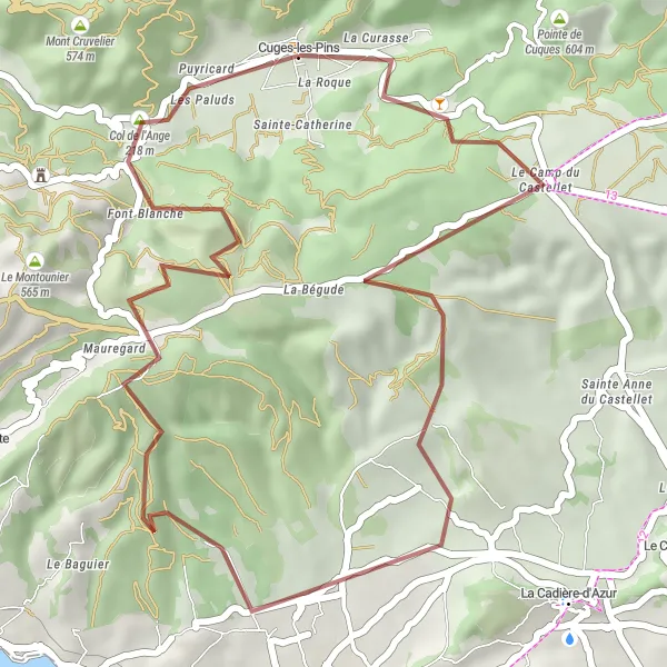 Mapa miniatúra "Trasa okolo Cuges-les-Pins s výstupom na 780 metrov" cyklistická inšpirácia v Provence-Alpes-Côte d’Azur, France. Vygenerované cyklistickým plánovačom trás Tarmacs.app