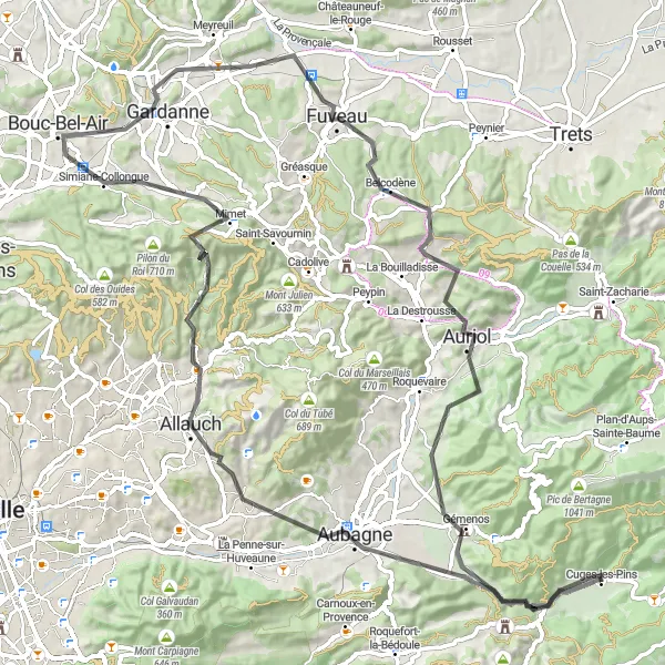 Zemljevid v pomanjšavi "Cuges-les-Pins - Gardanne - Auriol" kolesarske inspiracije v Provence-Alpes-Côte d’Azur, France. Generirano z načrtovalcem kolesarskih poti Tarmacs.app