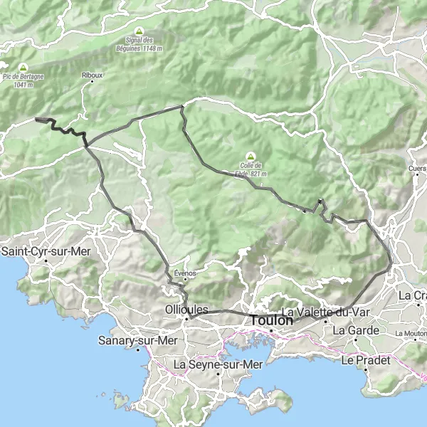 Miniatuurkaart van de fietsinspiratie "Avontuurlijke Roadtrip naar Toulon en Évenos" in Provence-Alpes-Côte d’Azur, France. Gemaakt door de Tarmacs.app fietsrouteplanner