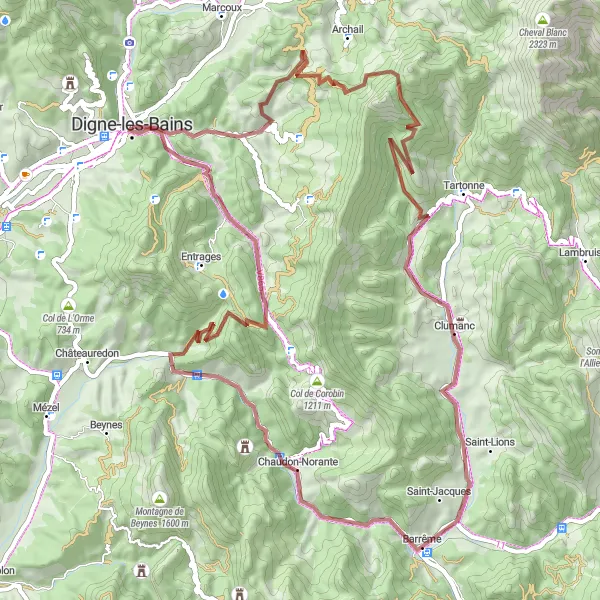 Miniaturní mapa "Gravel Route: Chapelle Saint-Vincent to Digne − Gare Routière" inspirace pro cyklisty v oblasti Provence-Alpes-Côte d’Azur, France. Vytvořeno pomocí plánovače tras Tarmacs.app