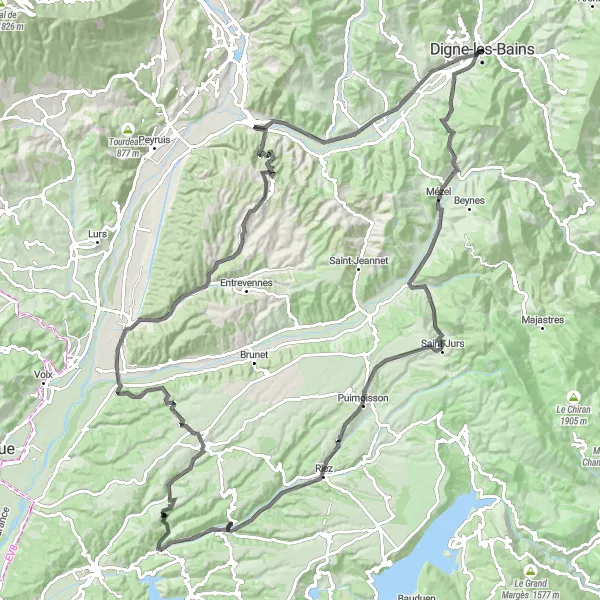 Miniaturní mapa "Road Route: Col de L'Orme to Digne − Gare Routière" inspirace pro cyklisty v oblasti Provence-Alpes-Côte d’Azur, France. Vytvořeno pomocí plánovače tras Tarmacs.app