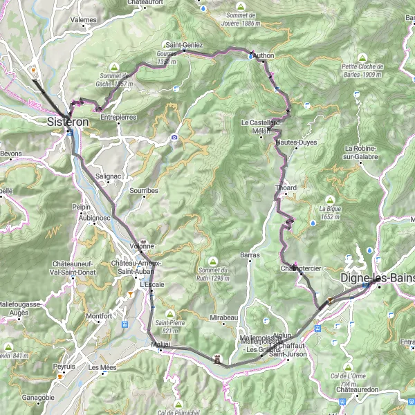 Mapa miniatúra "Road okruh kolem Digne-les-Bains 2" cyklistická inšpirácia v Provence-Alpes-Côte d’Azur, France. Vygenerované cyklistickým plánovačom trás Tarmacs.app