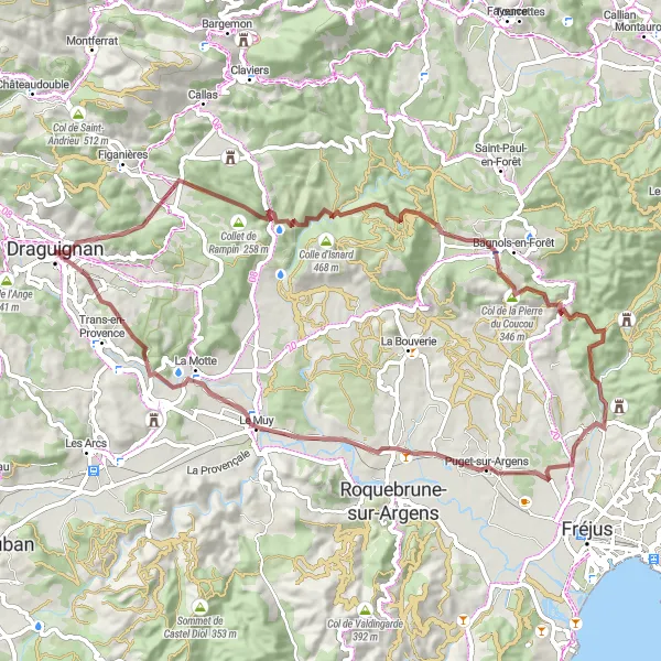 Kartminiatyr av "Grusvägsrunda till Bagnols-en-Forêt" cykelinspiration i Provence-Alpes-Côte d’Azur, France. Genererad av Tarmacs.app cykelruttplanerare