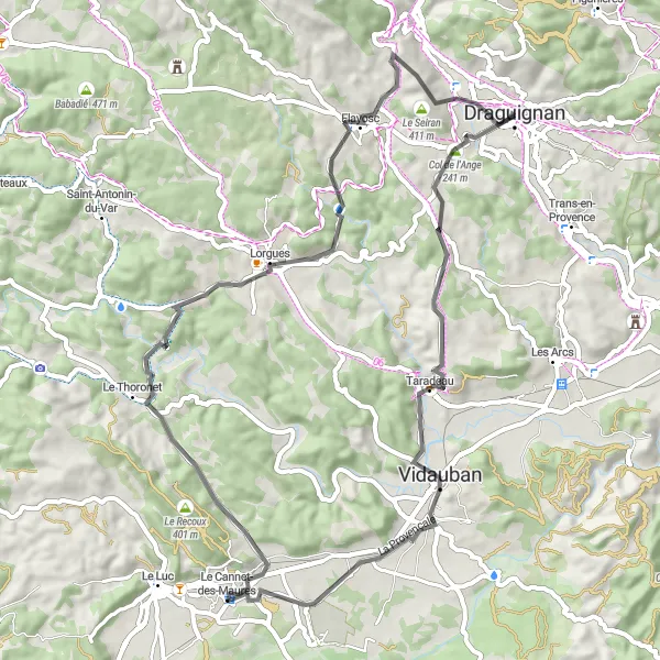 Miniatua del mapa de inspiración ciclista "Ruta de Vidauban y Le Cannet-des-Maures" en Provence-Alpes-Côte d’Azur, France. Generado por Tarmacs.app planificador de rutas ciclistas