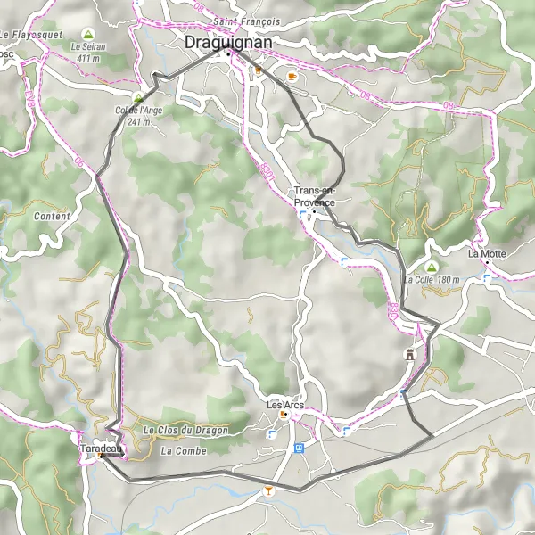 Miniatua del mapa de inspiración ciclista "Ruta de Trans-en-Provence y Taradeau" en Provence-Alpes-Côte d’Azur, France. Generado por Tarmacs.app planificador de rutas ciclistas
