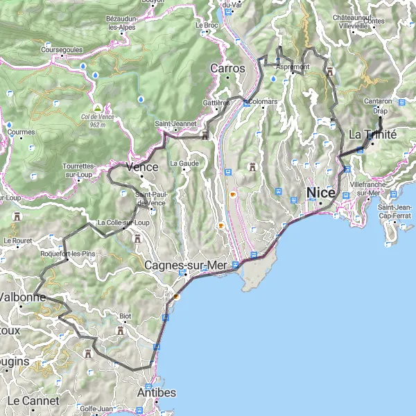 Zemljevid v pomanjšavi "Kolesarjenje v Provanšali - Saint-Laurent-du-Var" kolesarske inspiracije v Provence-Alpes-Côte d’Azur, France. Generirano z načrtovalcem kolesarskih poti Tarmacs.app