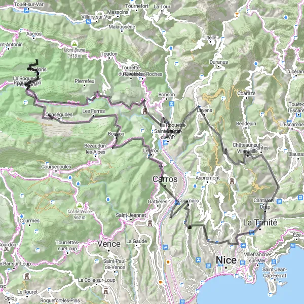 Mapa miniatúra "Road route through Provence-Alpes-Côte d’Azur" cyklistická inšpirácia v Provence-Alpes-Côte d’Azur, France. Vygenerované cyklistickým plánovačom trás Tarmacs.app