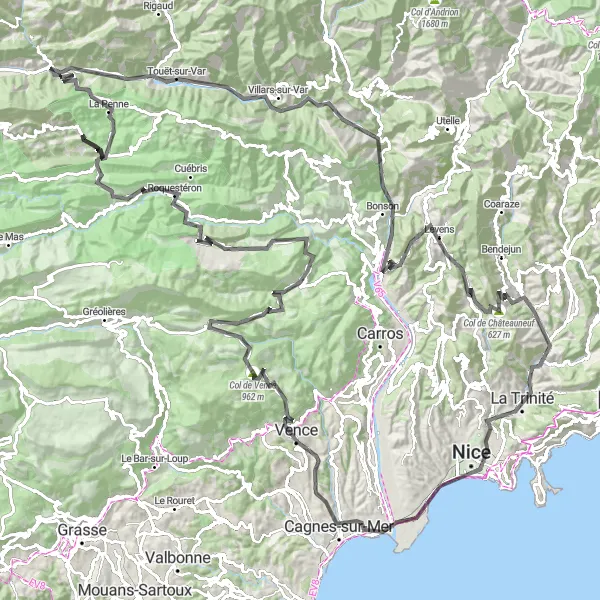 Karttaminiaatyyri "Kiehtova kiertomatka läpi Provencen kylien ja vuorten" pyöräilyinspiraatiosta alueella Provence-Alpes-Côte d’Azur, France. Luotu Tarmacs.app pyöräilyreittisuunnittelijalla