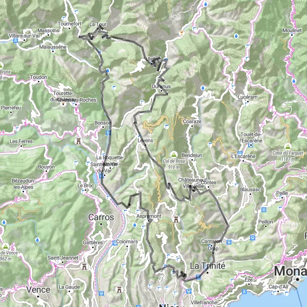 Miniatua del mapa de inspiración ciclista "Circuito del Mont Gros y alrededores" en Provence-Alpes-Côte d’Azur, France. Generado por Tarmacs.app planificador de rutas ciclistas