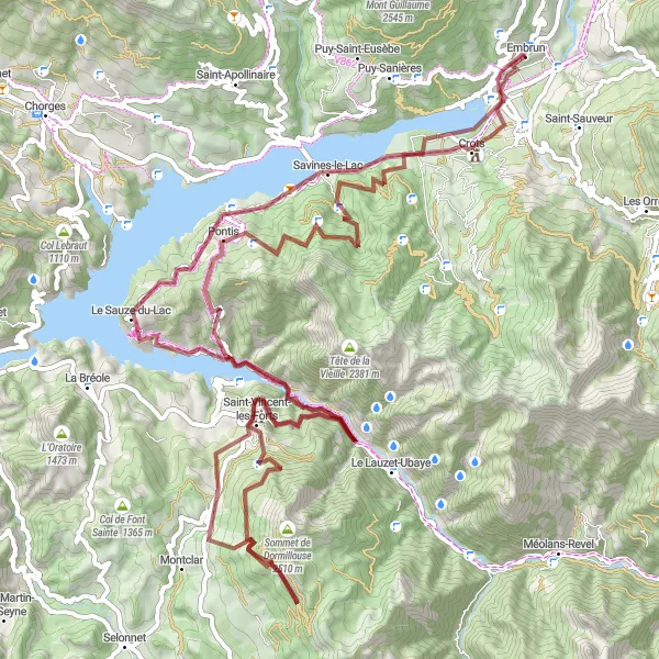 Zemljevid v pomanjšavi "Raziščite okolico Embruna na gravel kolesu" kolesarske inspiracije v Provence-Alpes-Côte d’Azur, France. Generirano z načrtovalcem kolesarskih poti Tarmacs.app