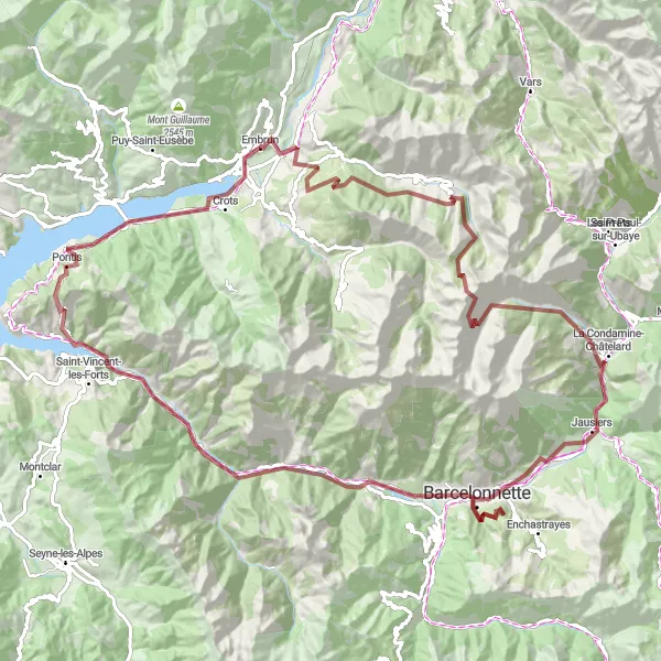 Kartminiatyr av "Graveläventyr runt Embrun" cykelinspiration i Provence-Alpes-Côte d’Azur, France. Genererad av Tarmacs.app cykelruttplanerare