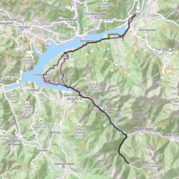 Mapa miniatúra "Road okolo lacet Savines-le-Lac" cyklistická inšpirácia v Provence-Alpes-Côte d’Azur, France. Vygenerované cyklistickým plánovačom trás Tarmacs.app