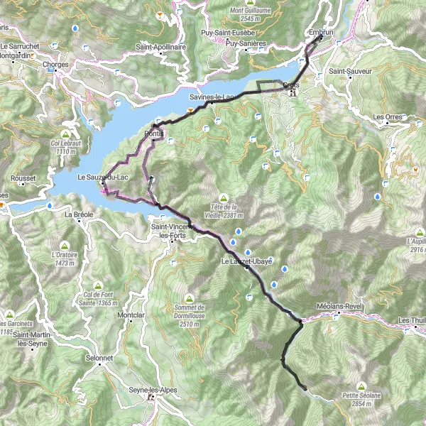 Miniaturekort af cykelinspirationen "Sauze du Lac Loop på landevej" i Provence-Alpes-Côte d’Azur, France. Genereret af Tarmacs.app cykelruteplanlægger