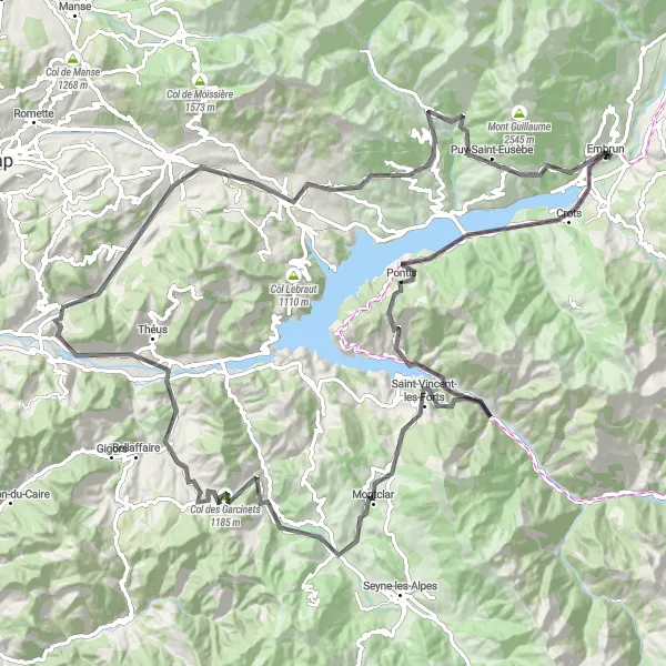 Zemljevid v pomanjšavi "Cestna kolesarska avantura v okolici Embruna" kolesarske inspiracije v Provence-Alpes-Côte d’Azur, France. Generirano z načrtovalcem kolesarskih poti Tarmacs.app