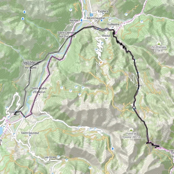 Miniaturekort af cykelinspirationen "Risoul og Col de Vars Rundtur" i Provence-Alpes-Côte d’Azur, France. Genereret af Tarmacs.app cykelruteplanlægger