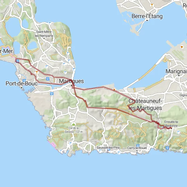 Map miniature of "Exploring Ensuès-la-Redonne and Surroundings" cycling inspiration in Provence-Alpes-Côte d’Azur, France. Generated by Tarmacs.app cycling route planner
