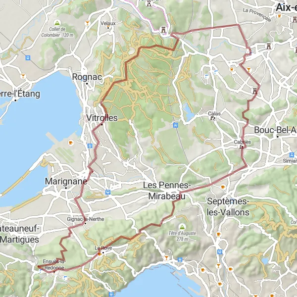 Map miniature of "Challenging Gravel Ride with Scenic Landscapes" cycling inspiration in Provence-Alpes-Côte d’Azur, France. Generated by Tarmacs.app cycling route planner