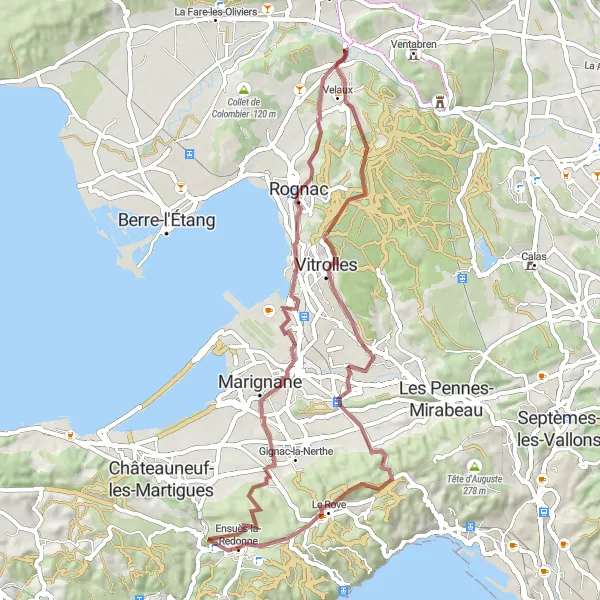 Miniaturní mapa "Gravel Route to Marignane and Le Douard" inspirace pro cyklisty v oblasti Provence-Alpes-Côte d’Azur, France. Vytvořeno pomocí plánovače tras Tarmacs.app